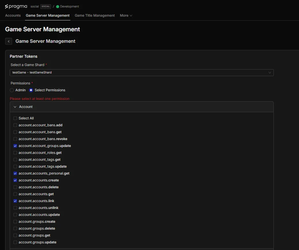Create Token Permissions Screenshot