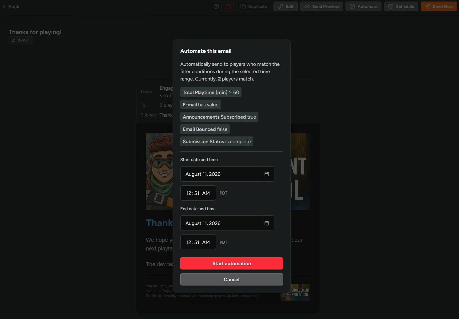 Setting a start and end time for an automated announcement