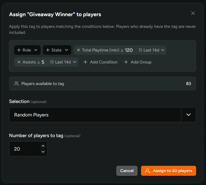 Assigning a tag to players by filter conditions