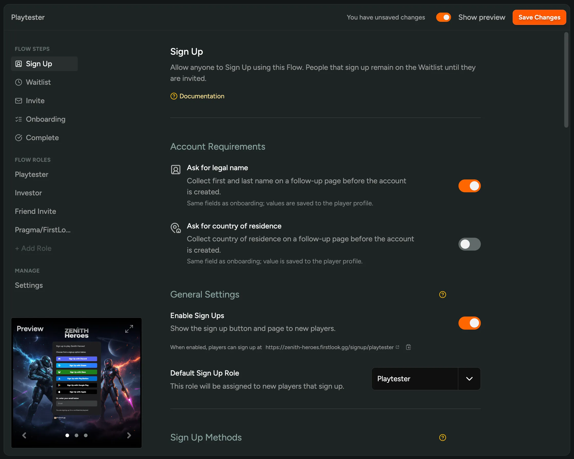 Sign Up step settings showing legal name and country toggles
