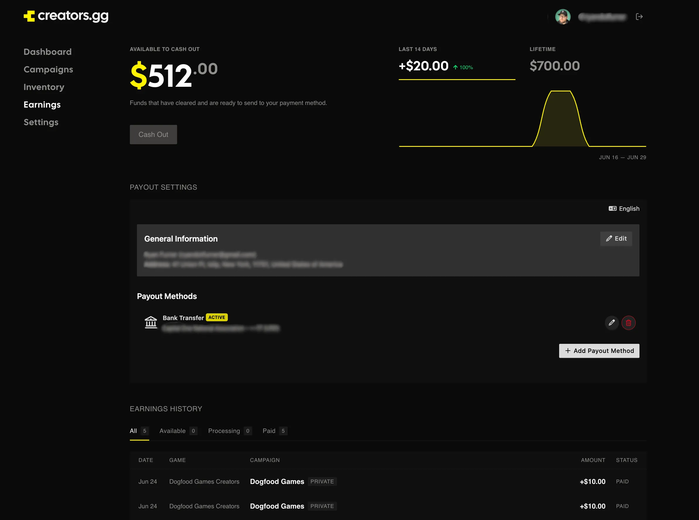 Cash Payout set as the reward on a campaign goal