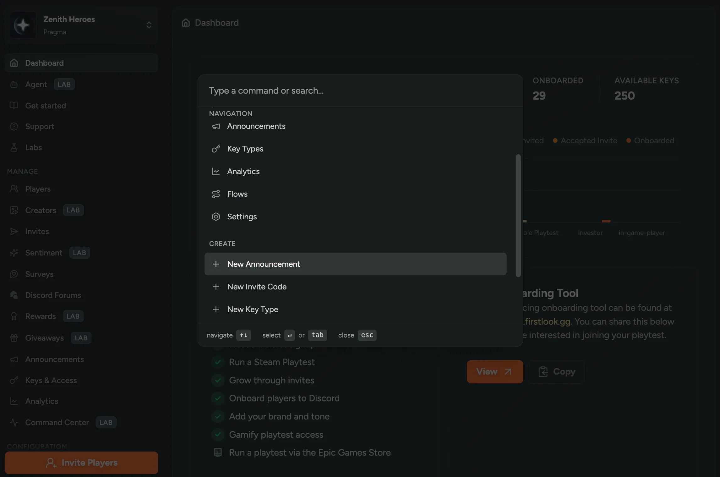 Command palette open over the dashboard