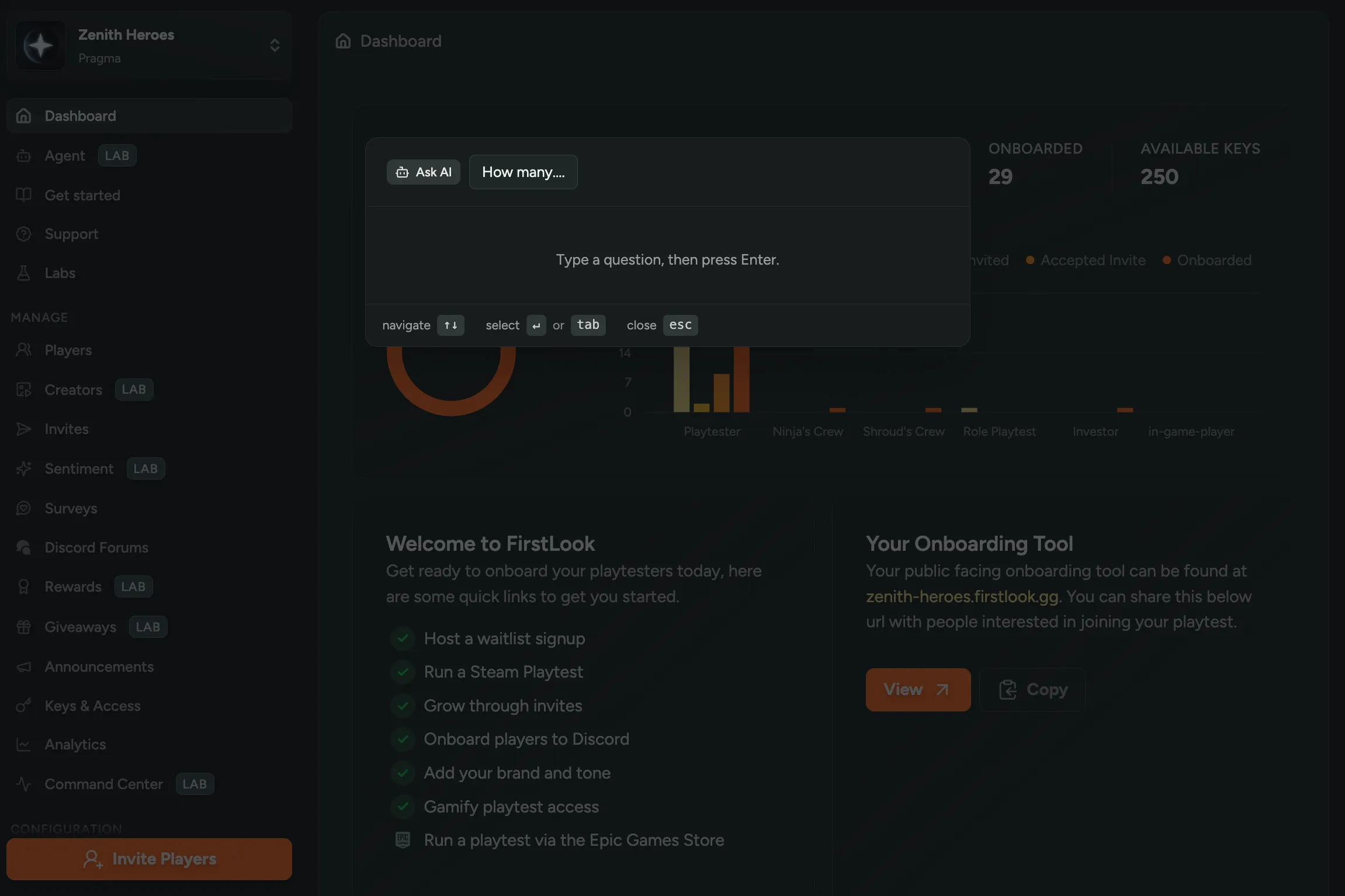 Command palette open over the dashboard