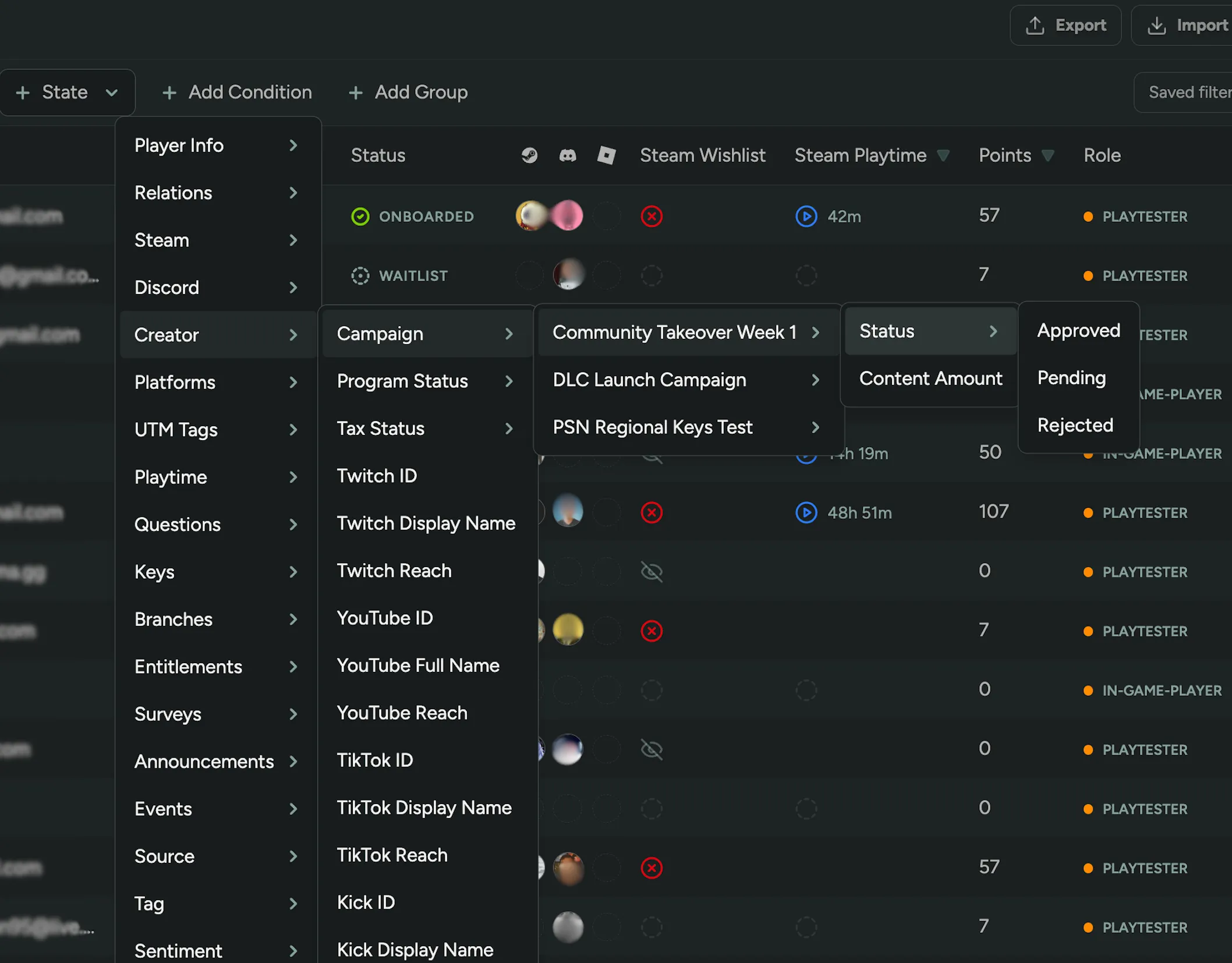 Filter players by creator campaign, status, and content amount