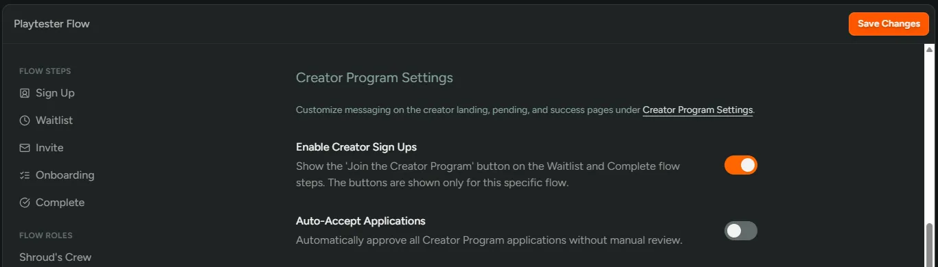 Creator Program Flow Settings