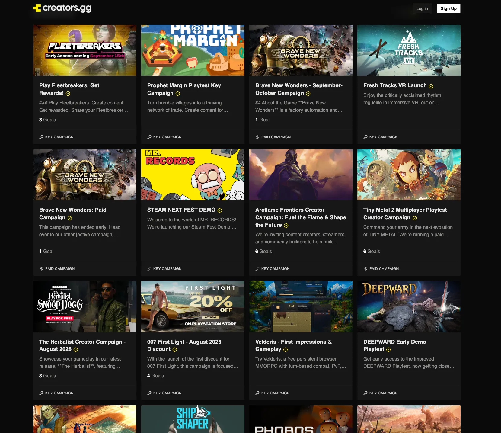 Creator campaigns listed on the creators.gg directory, each card showing the campaign name, a short description, its goal count, and whether it's a key or paid campaign