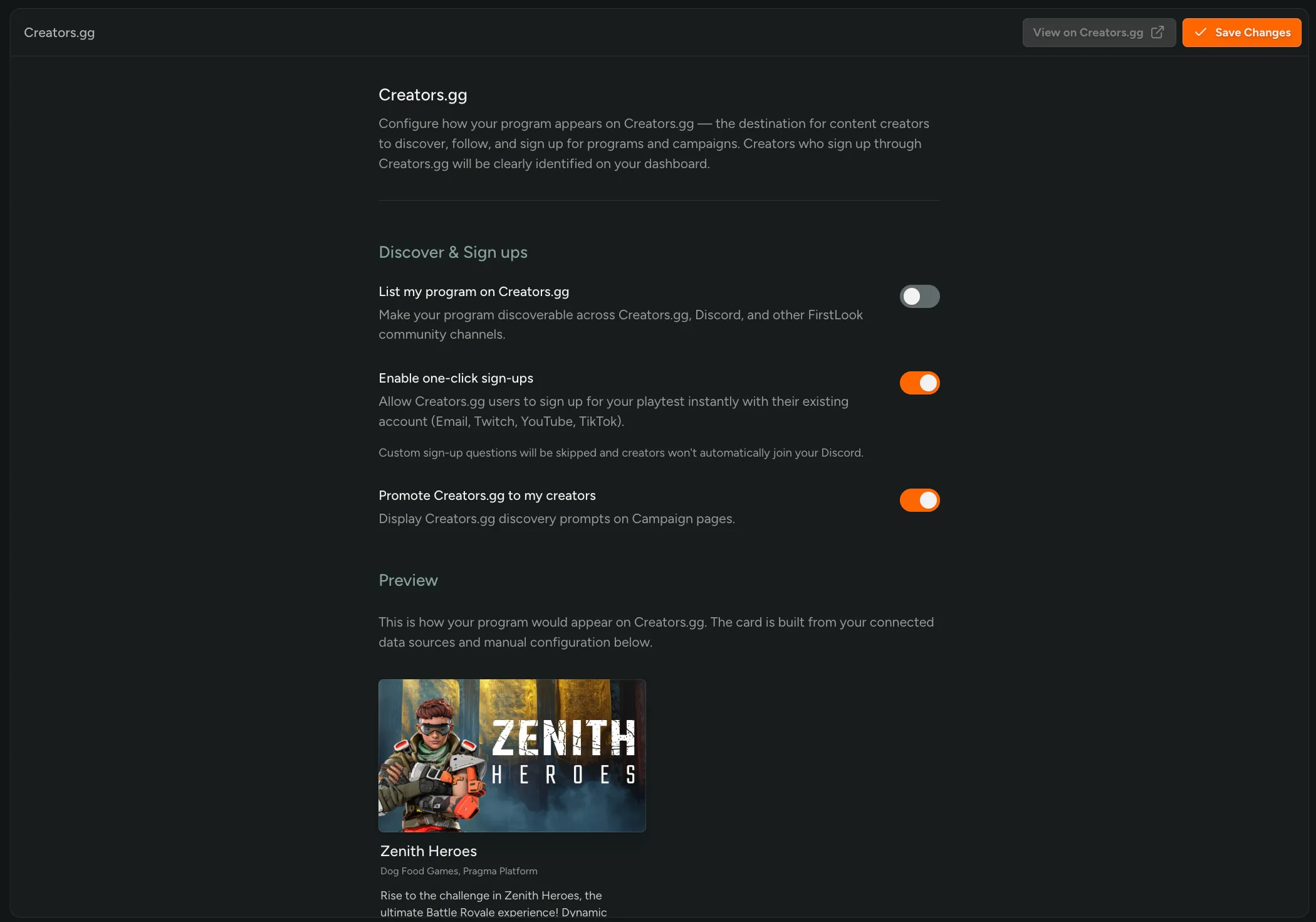 Creators.gg program listing settings