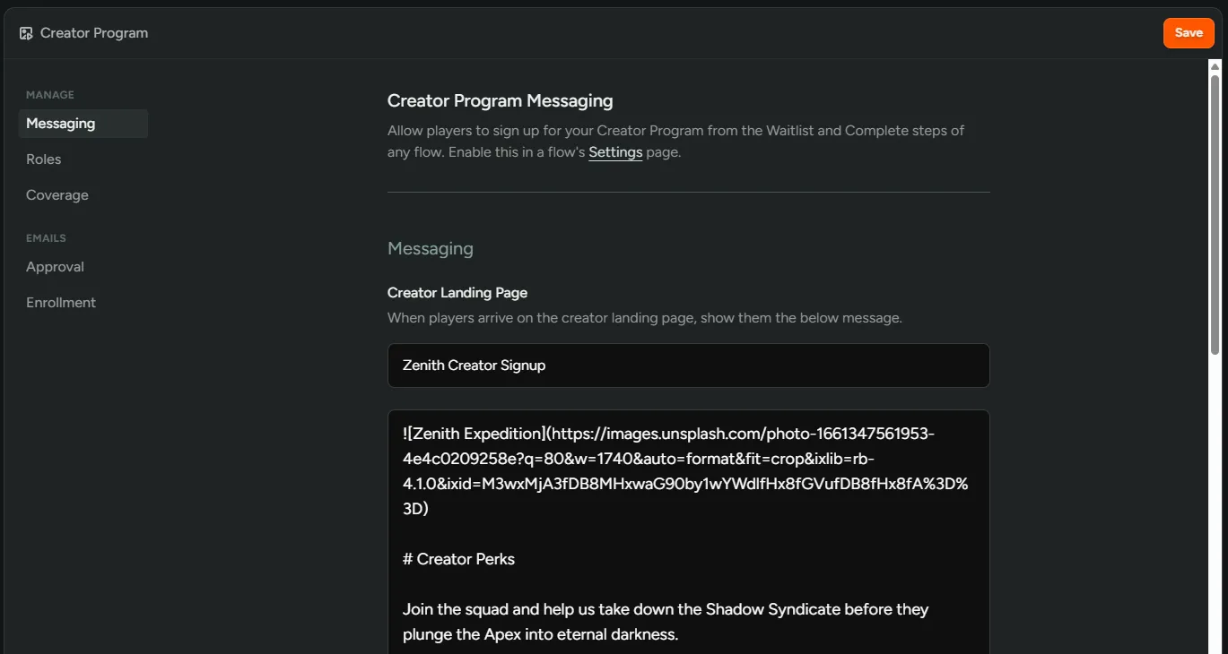 Creator Program Settings