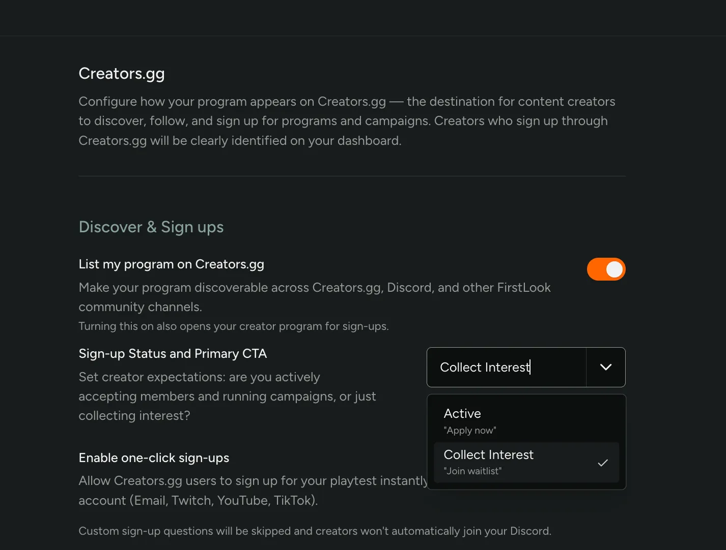 Setting a program's Sign-up Status to Active or Collect Interest