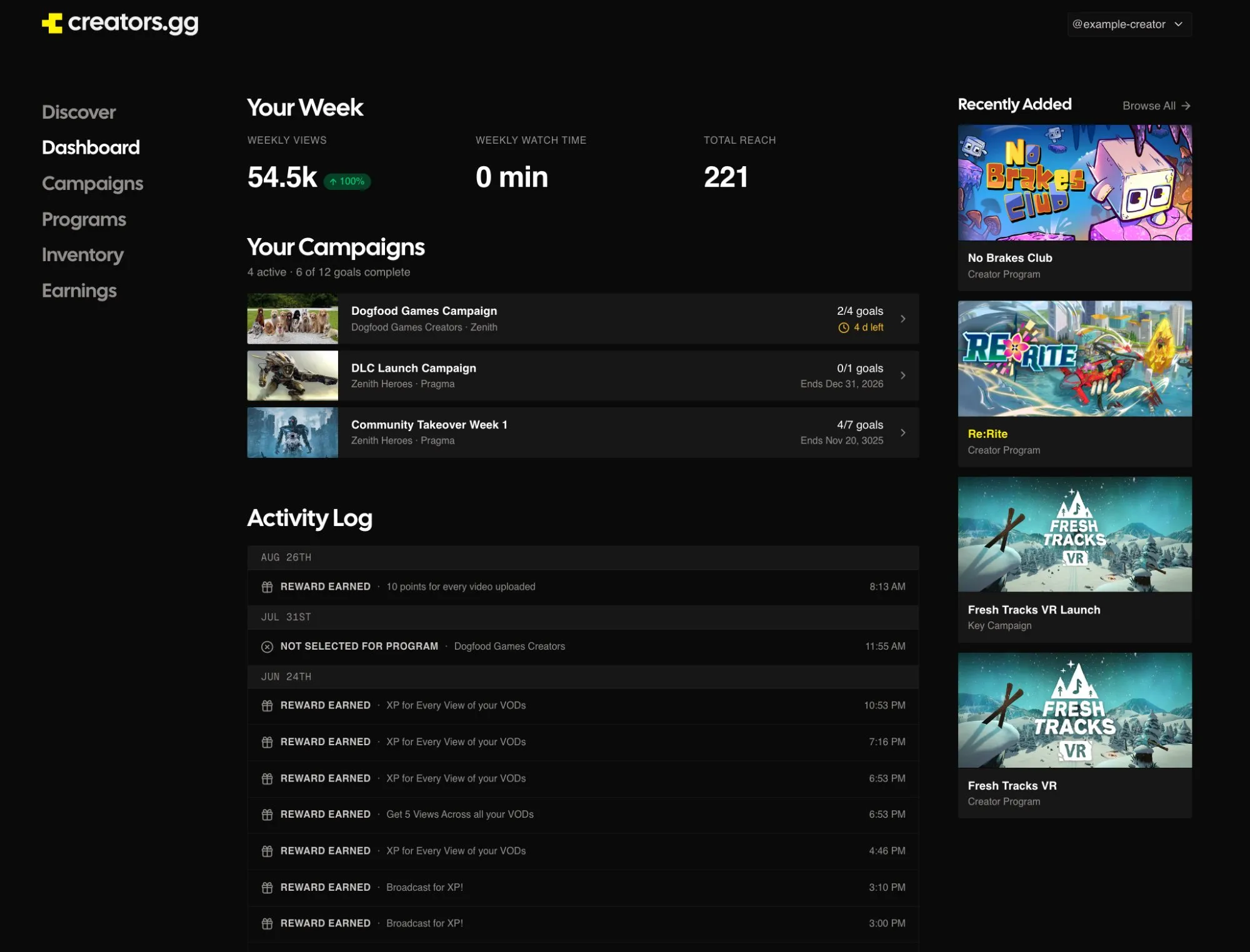 A creator's dashboard with their activity log below campaigns