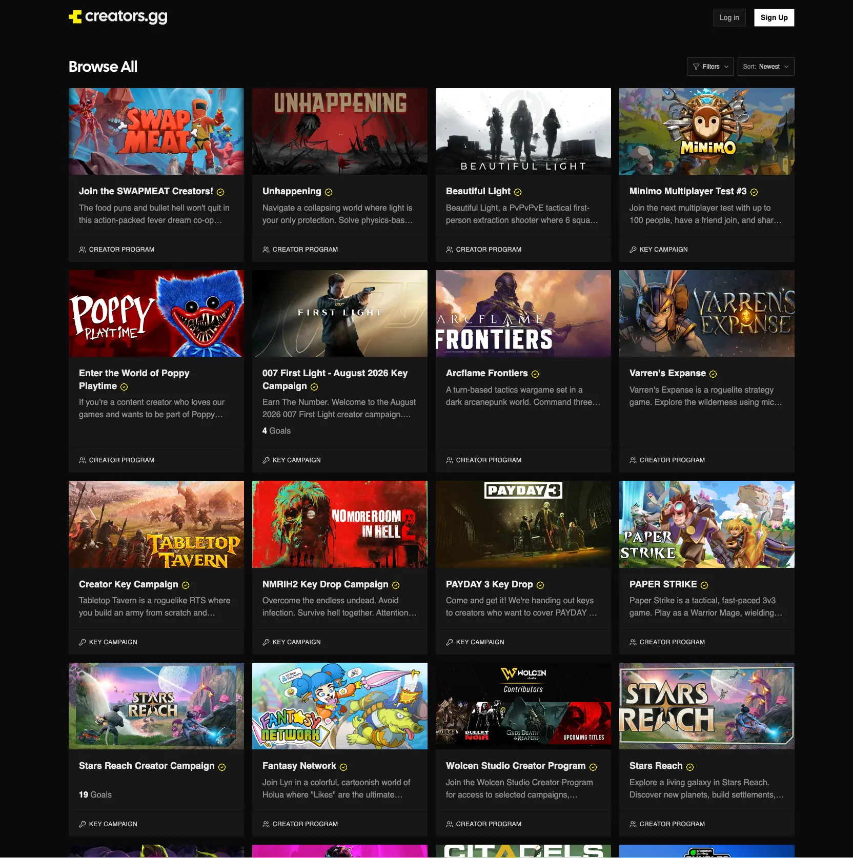 The creators.gg home page with programs and campaigns listed