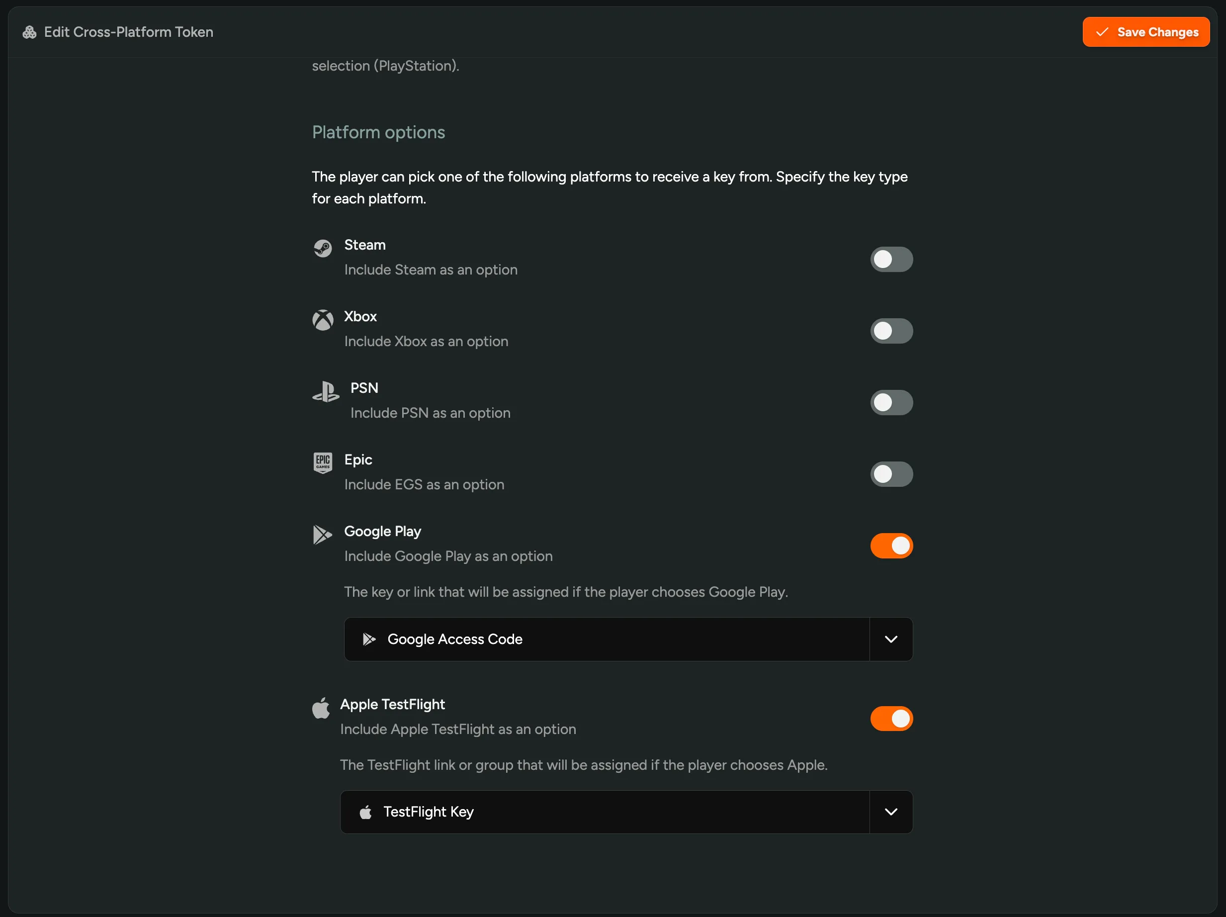 Cross-platform key settings with Google Play and Apple options