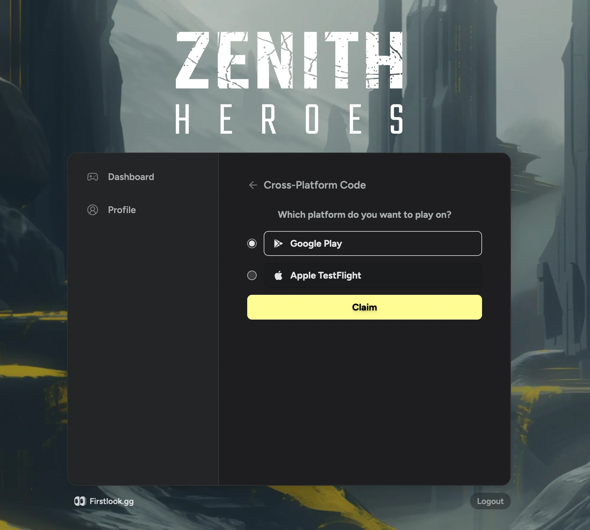 Player key claim view showing platform-specific key