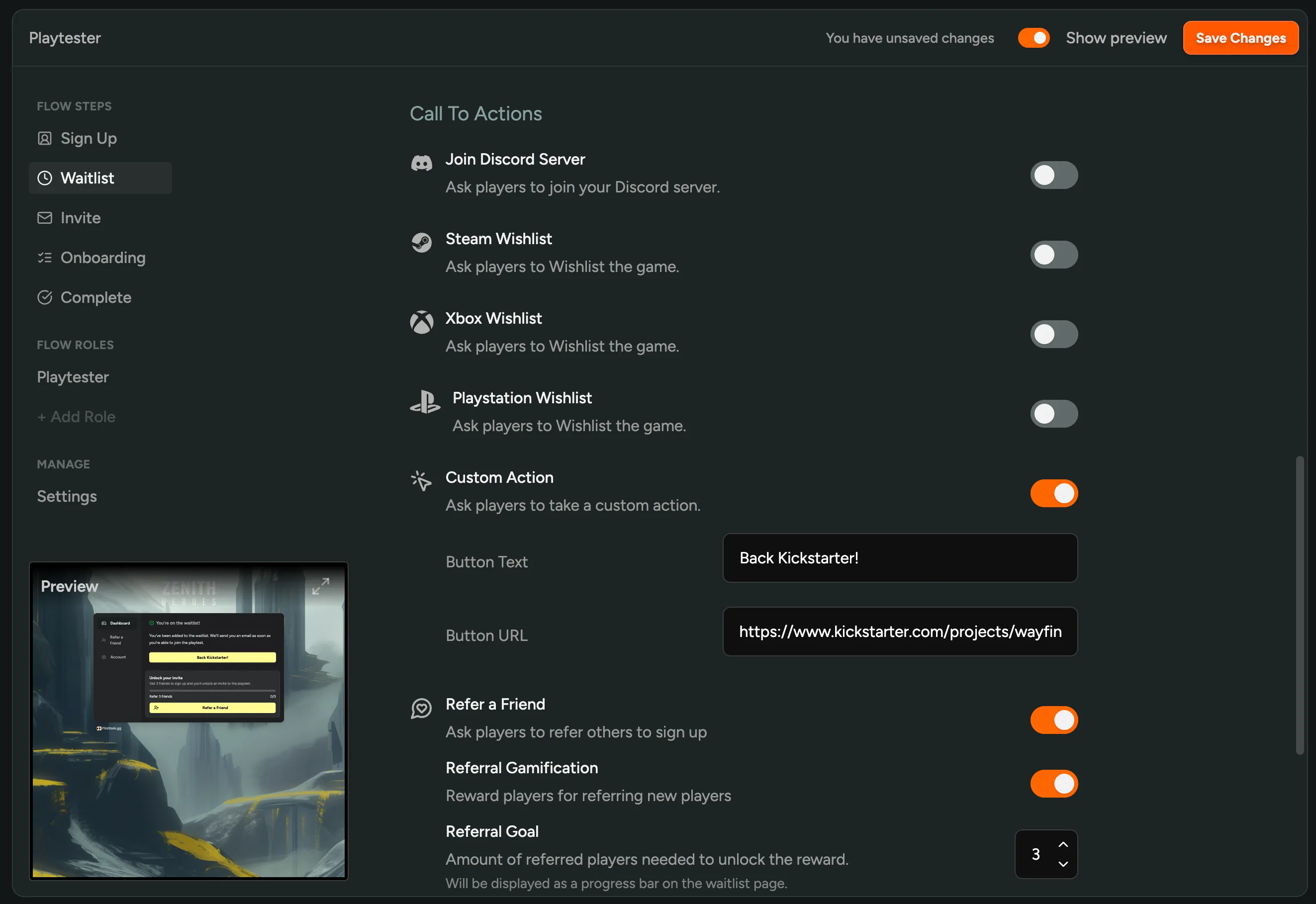Custom Action flow settings