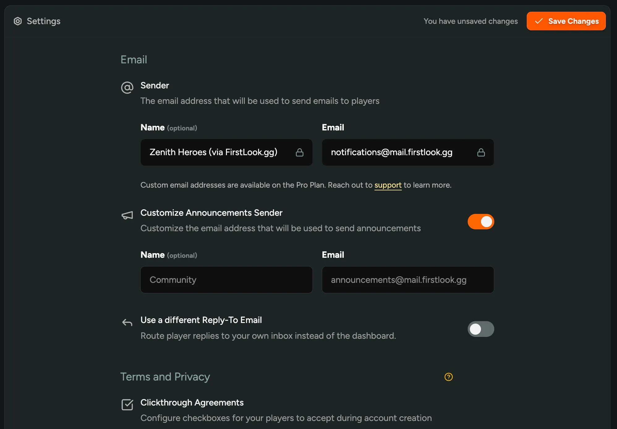 Announcements Sender toggle in Settings
