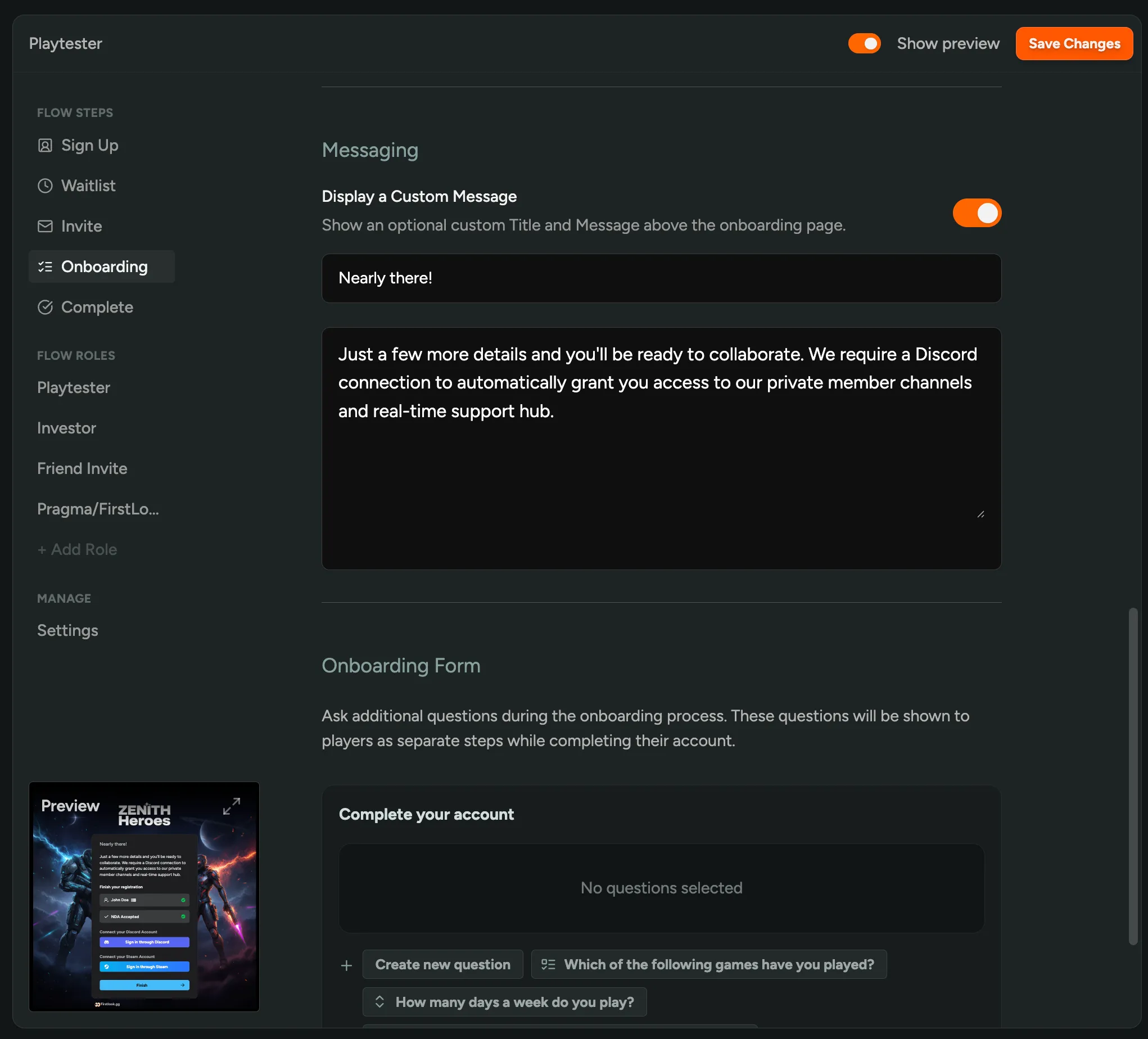 Custom onboarding message settings in flow configuration