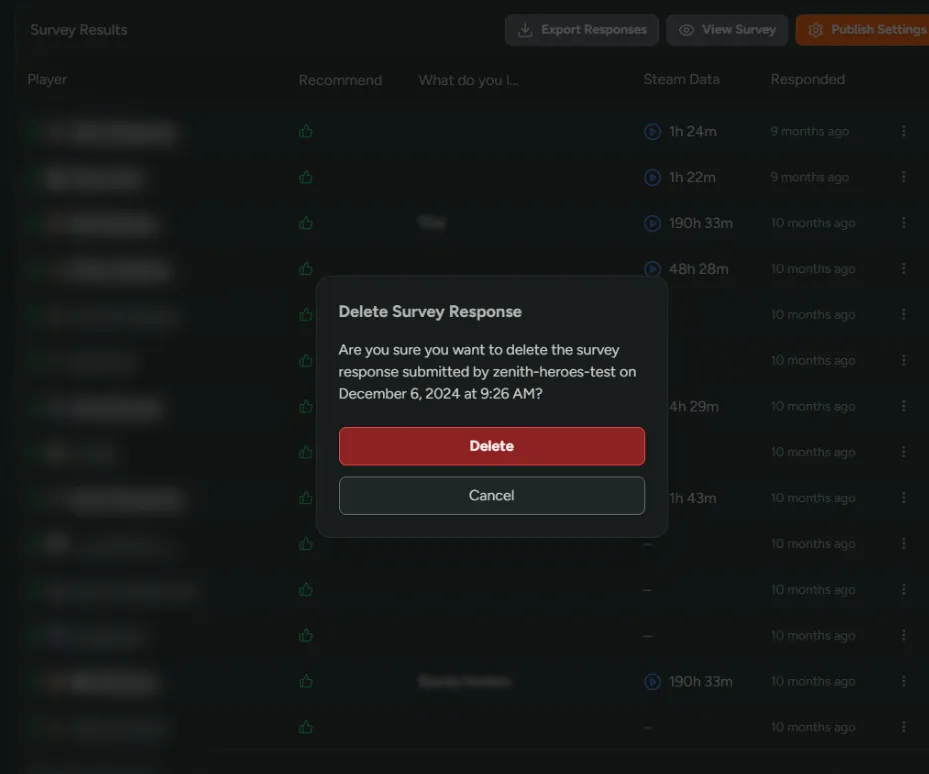 Delete a Player Survey Response