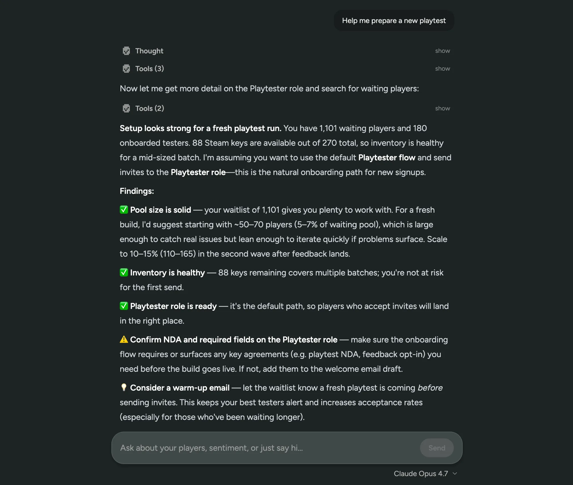FirstLook Agent preparing a new playtest, with pool size, inventory, and warm-up email recommendations