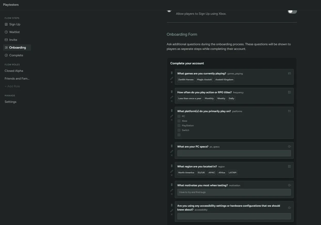 Playtesters Flow Onboarding Questions