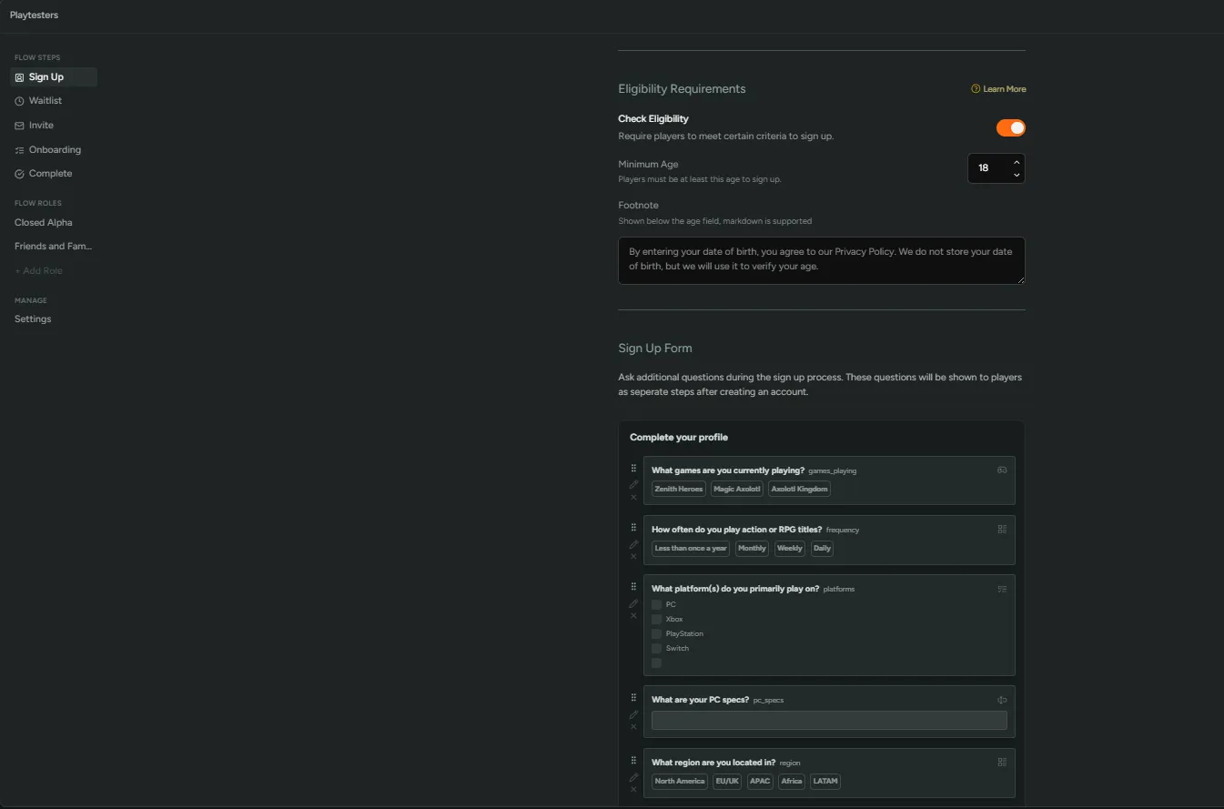 Playtesters Flow Sign Up Questions