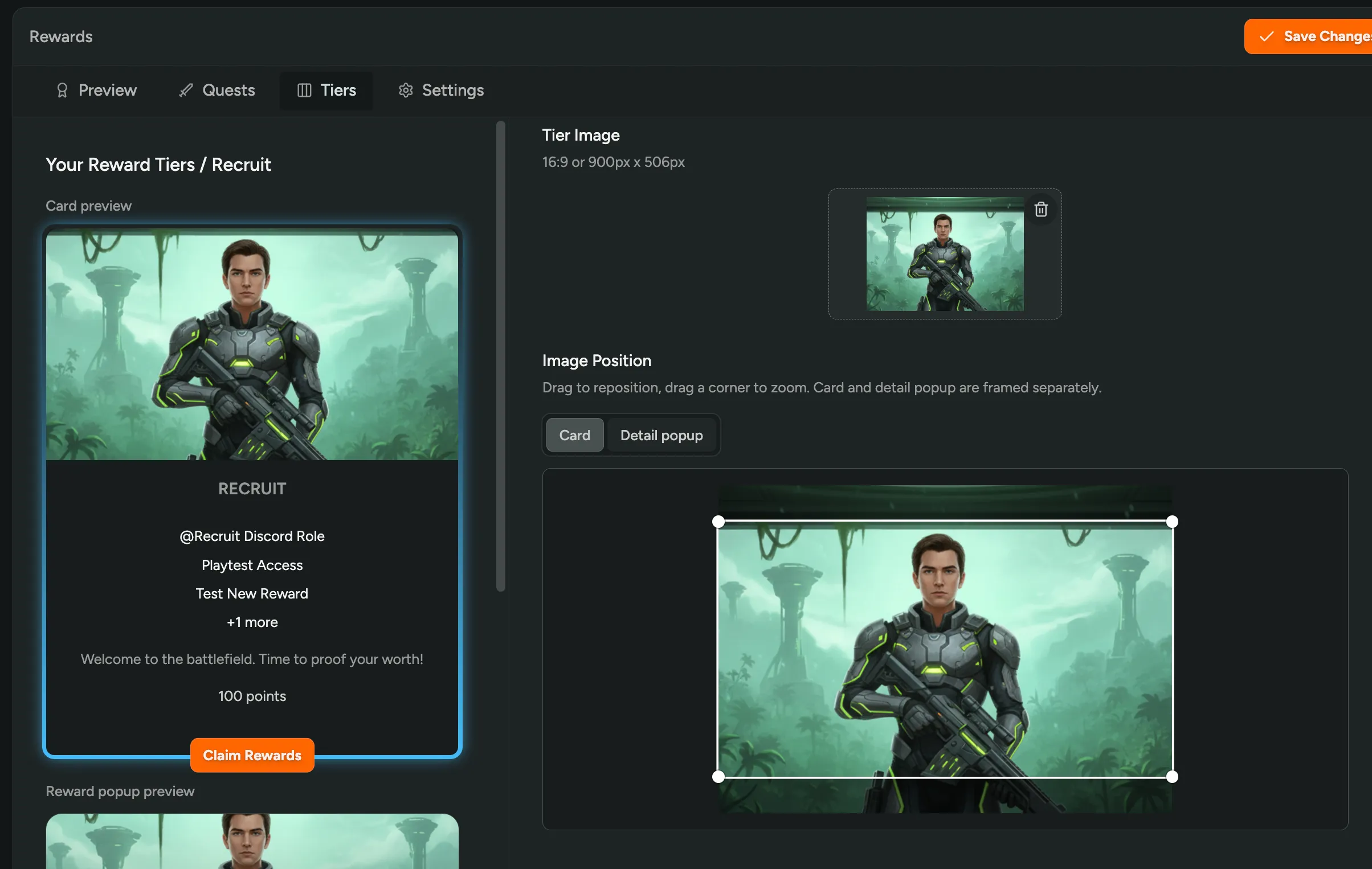 Repositioning and zooming a reward tier image