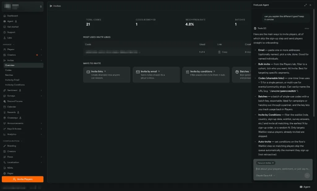 Agent explaining invite types on the Invites page