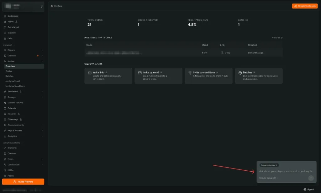 Agent panel open on Invites with Focus on the current page