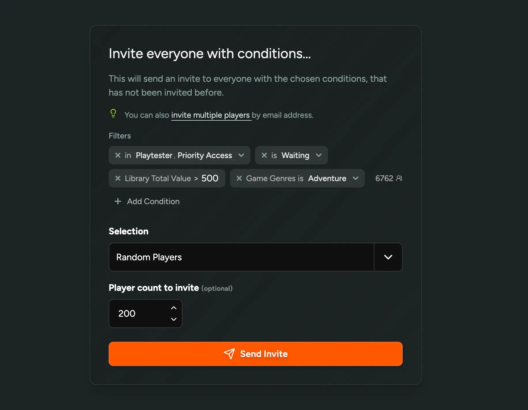 Invite by Conditions dialog with stacked filters and a random player selection