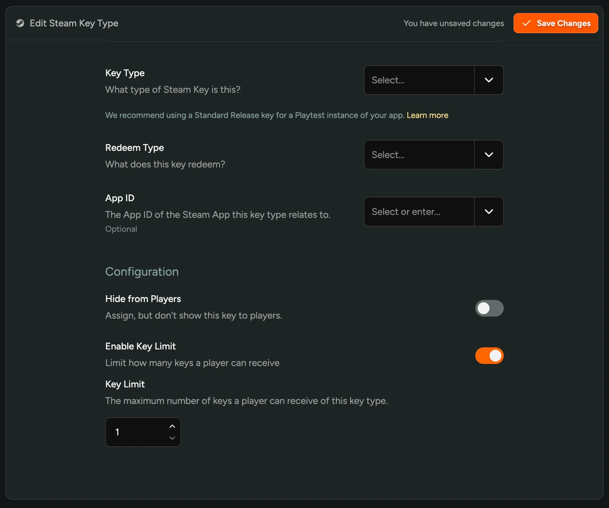 Setting a per-player limit on a key type's config page