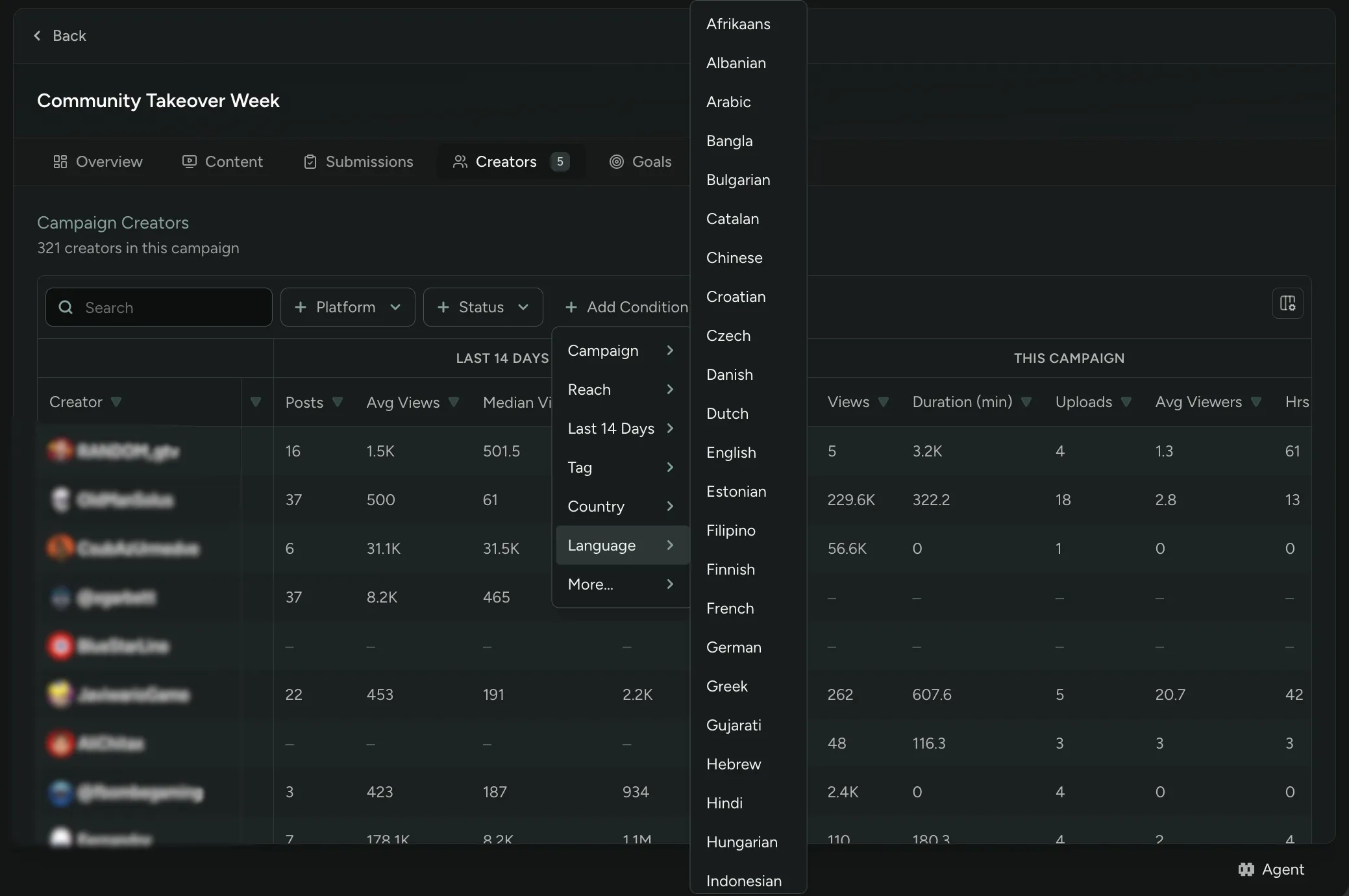 Filtering creators by Language and Country