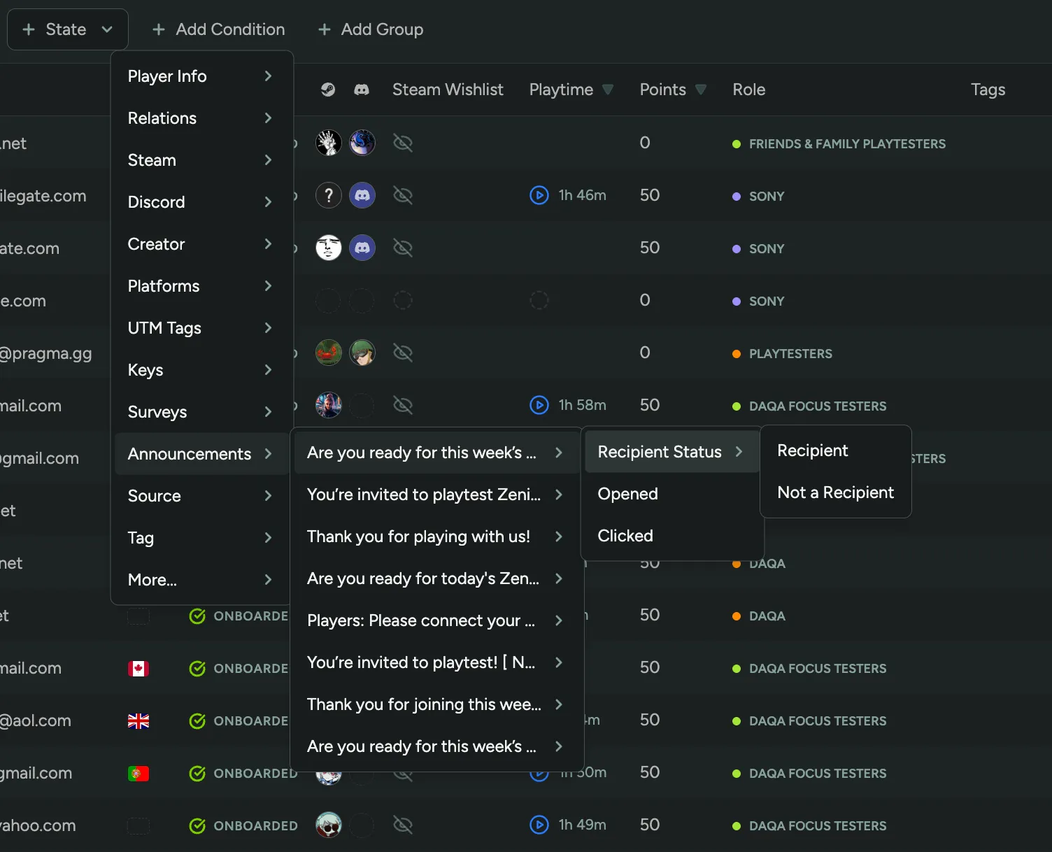 Filter Players by Last Announcements