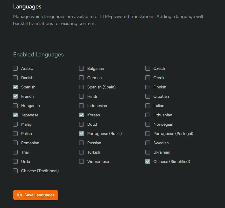 Pick which languages to offer your players