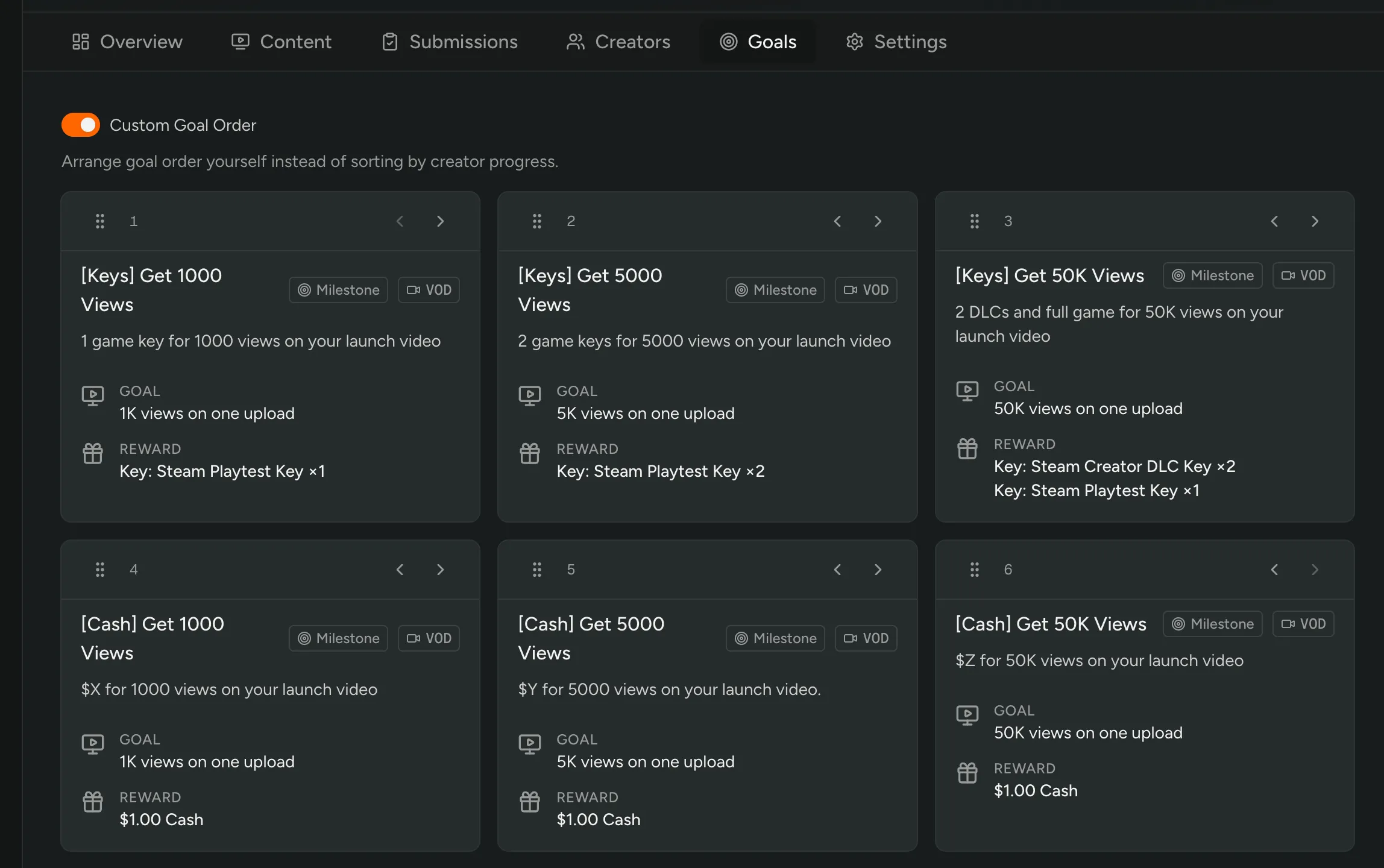 Dragging goals into order in a campaign's Goals tab