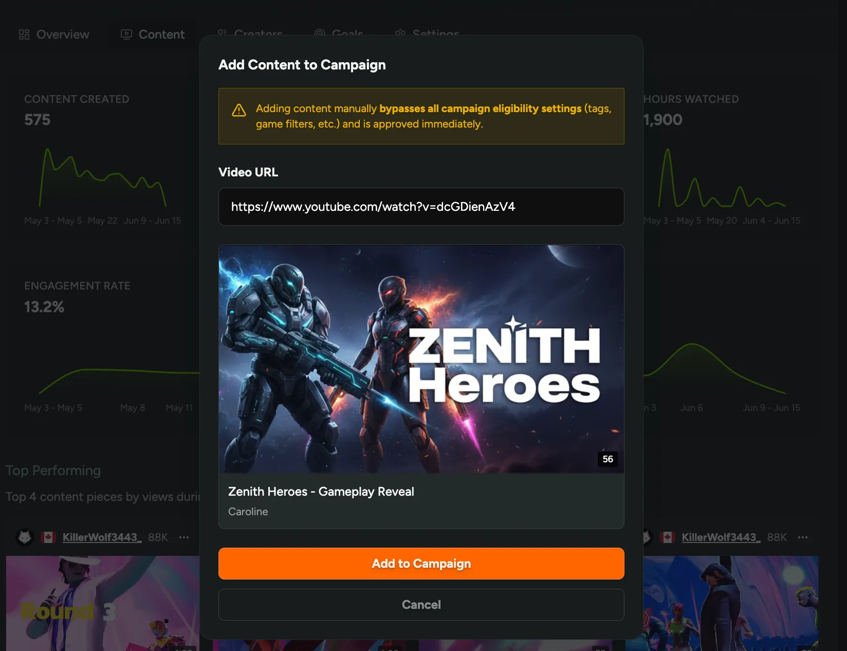 Adding a content URL to a campaign's Content tab
