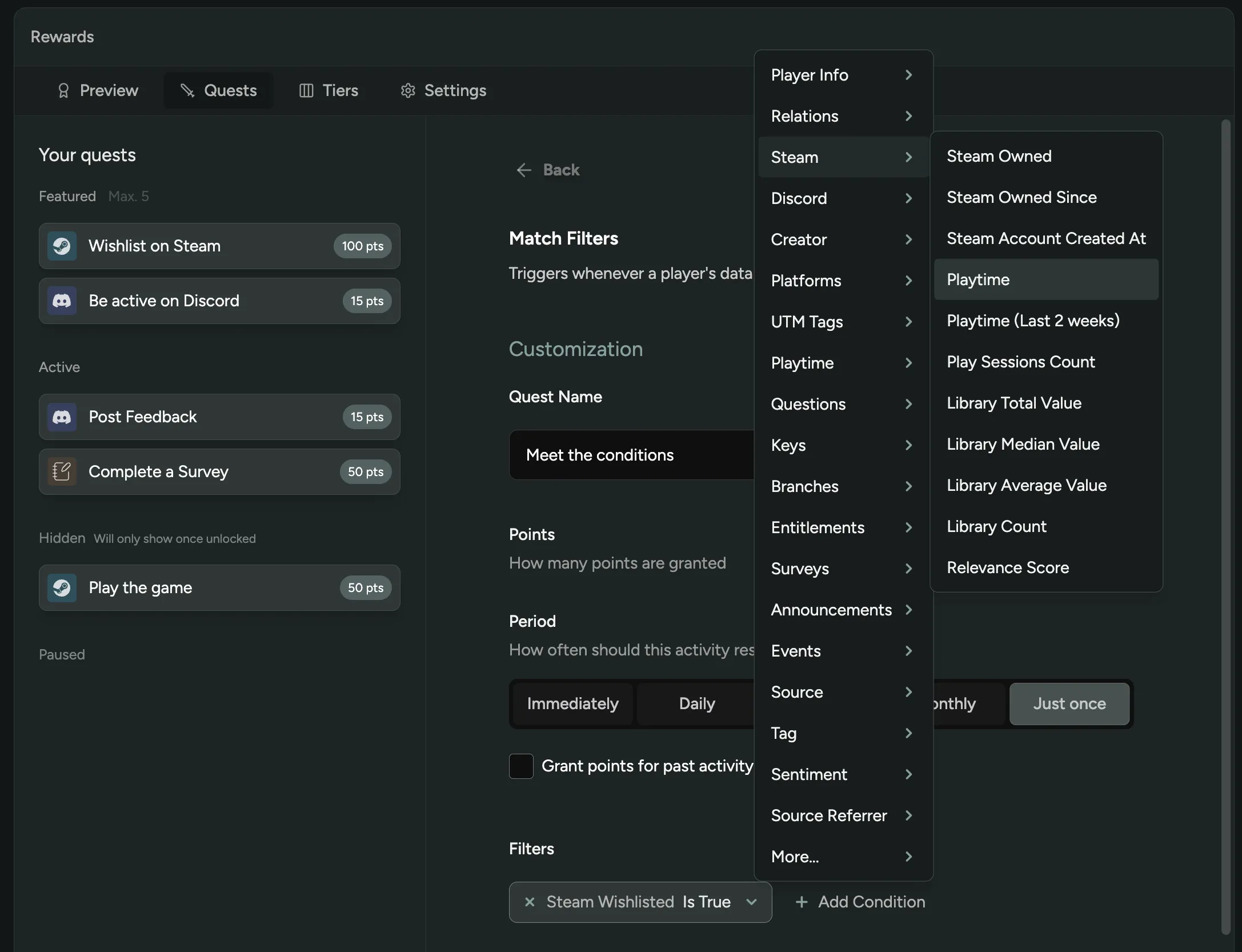 Match Filter quest setup with full player filters