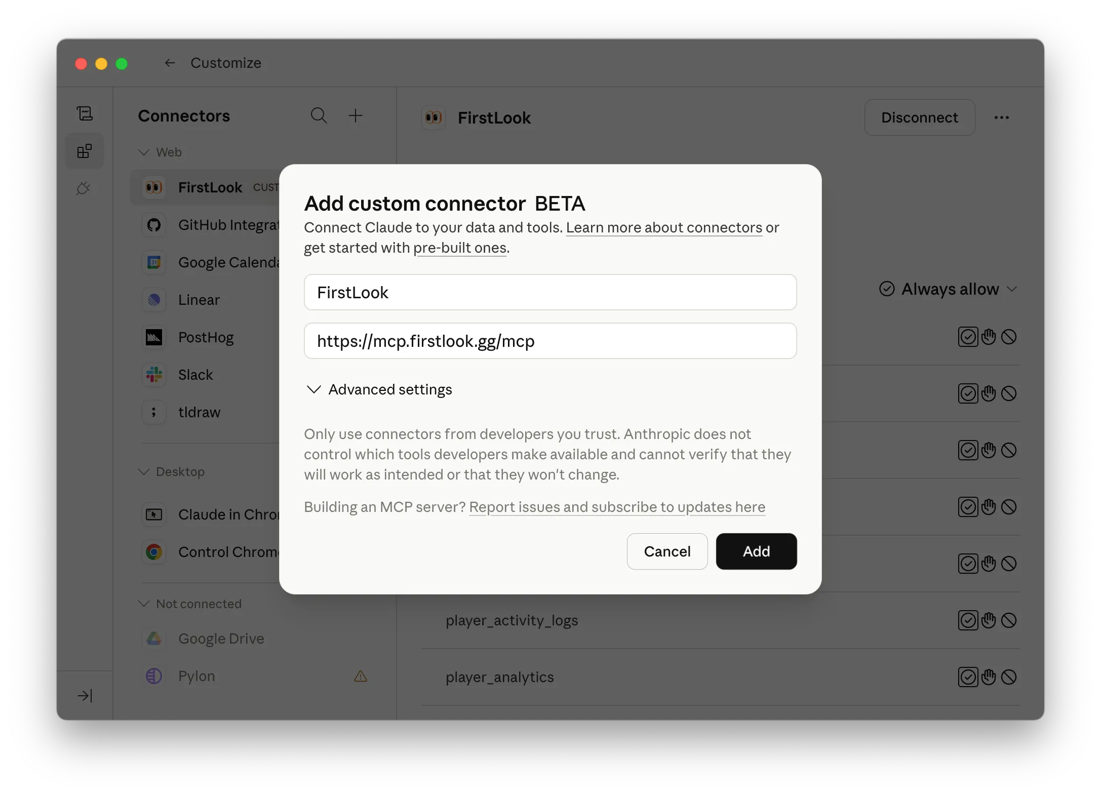 Adding FirstLook as a custom connector in Claude
