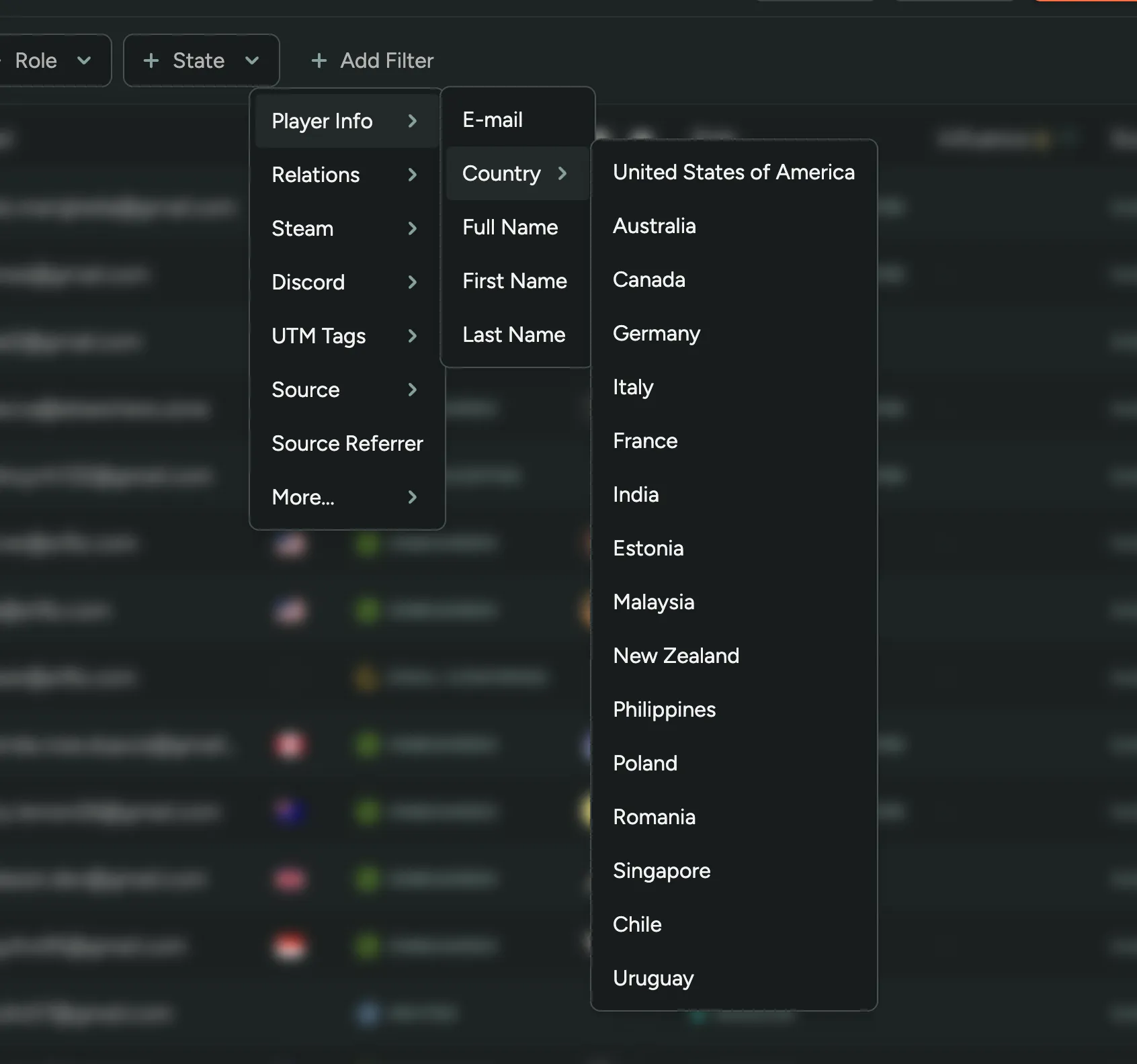 Player Country Stats Filters
