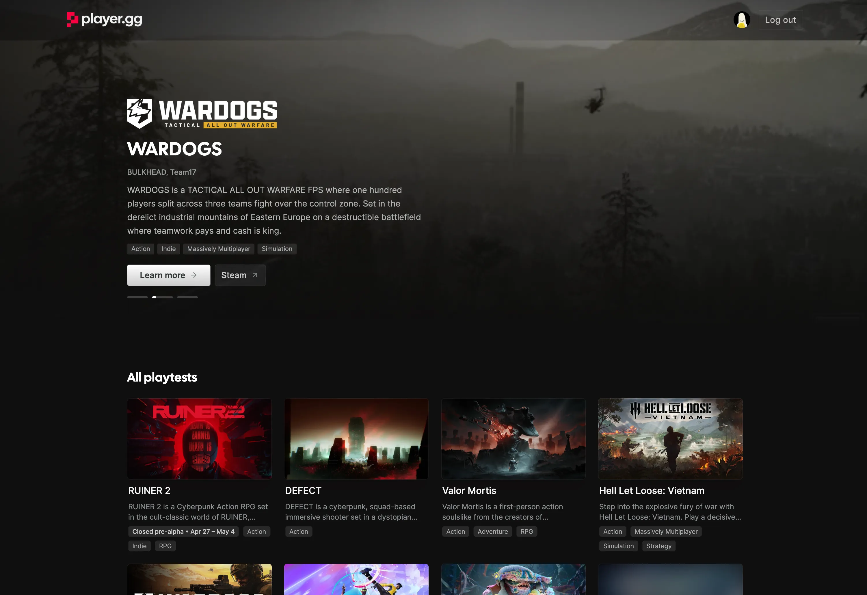 player.gg game page with active playtests