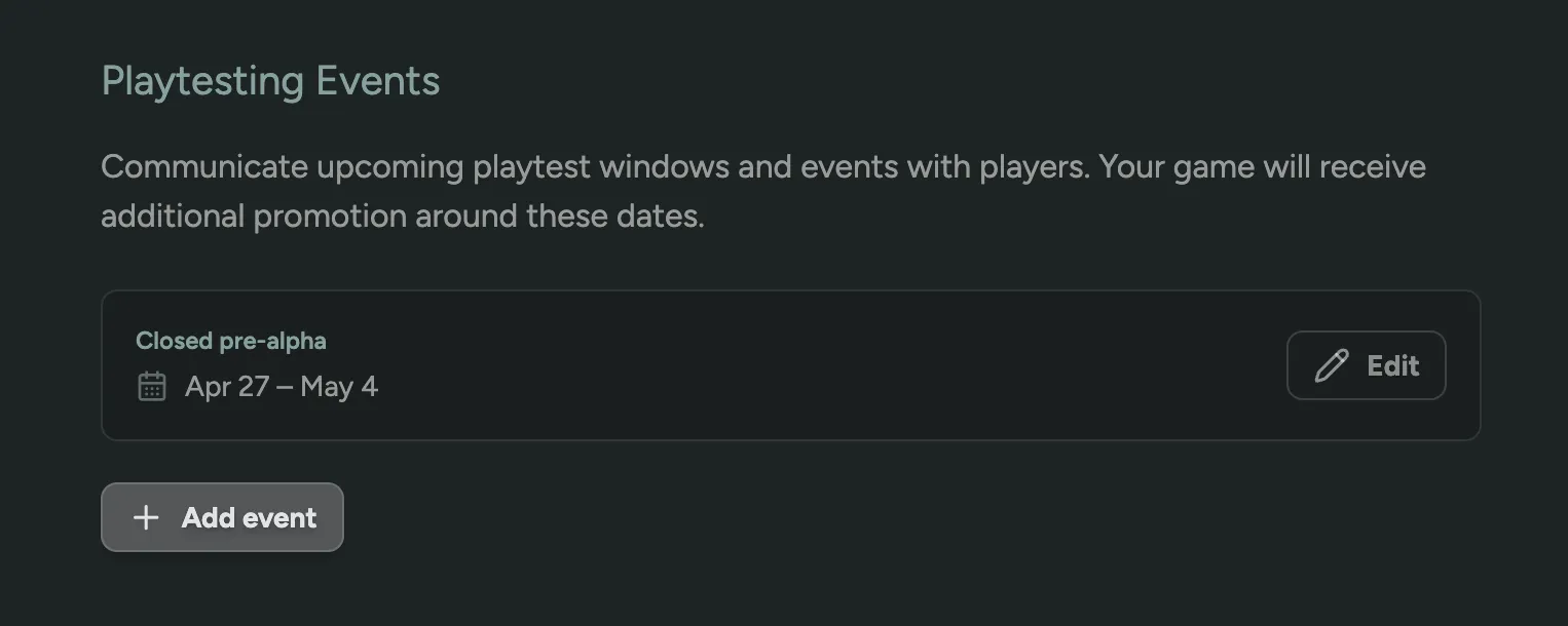 Playtesting Events configuration with a Closed pre-alpha window