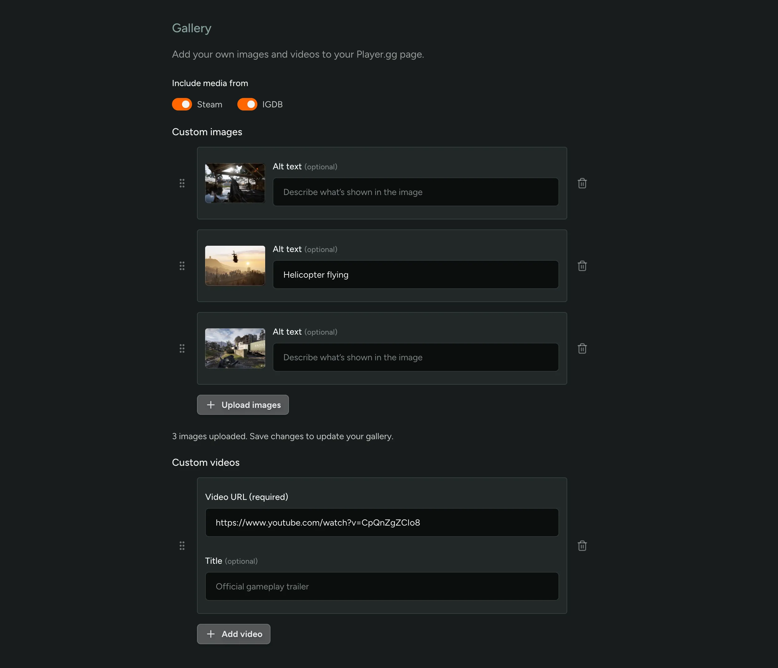 Gallery settings with custom images, videos, and toggles for media synced from Steam and IGDB