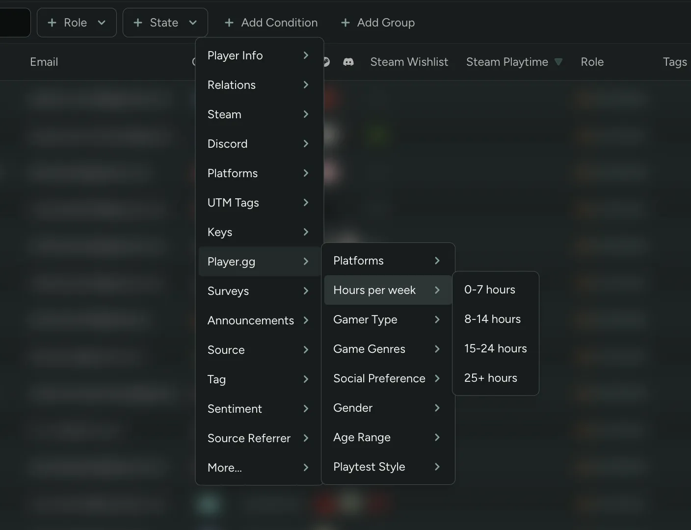Filter your Players table by player.gg profile properties like Game Genres and Hours per week