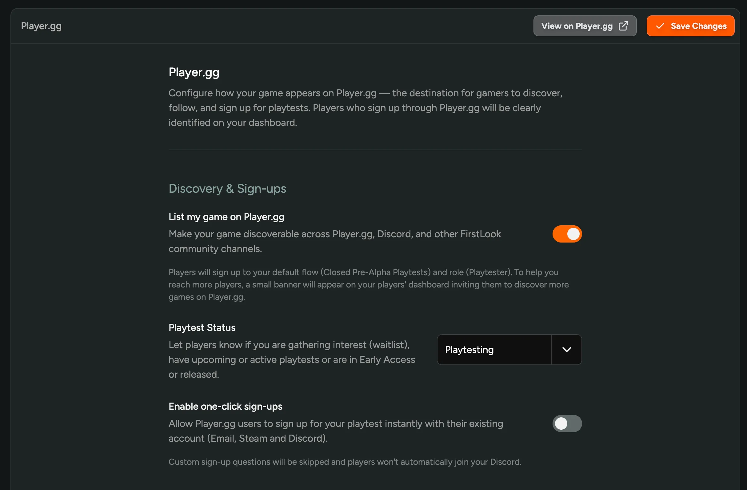 player.gg configuration panel in the FirstLook admin