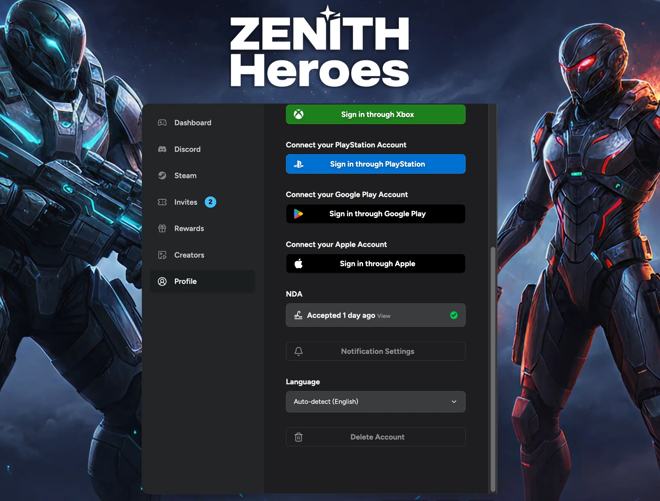 Language picker in player account settings
