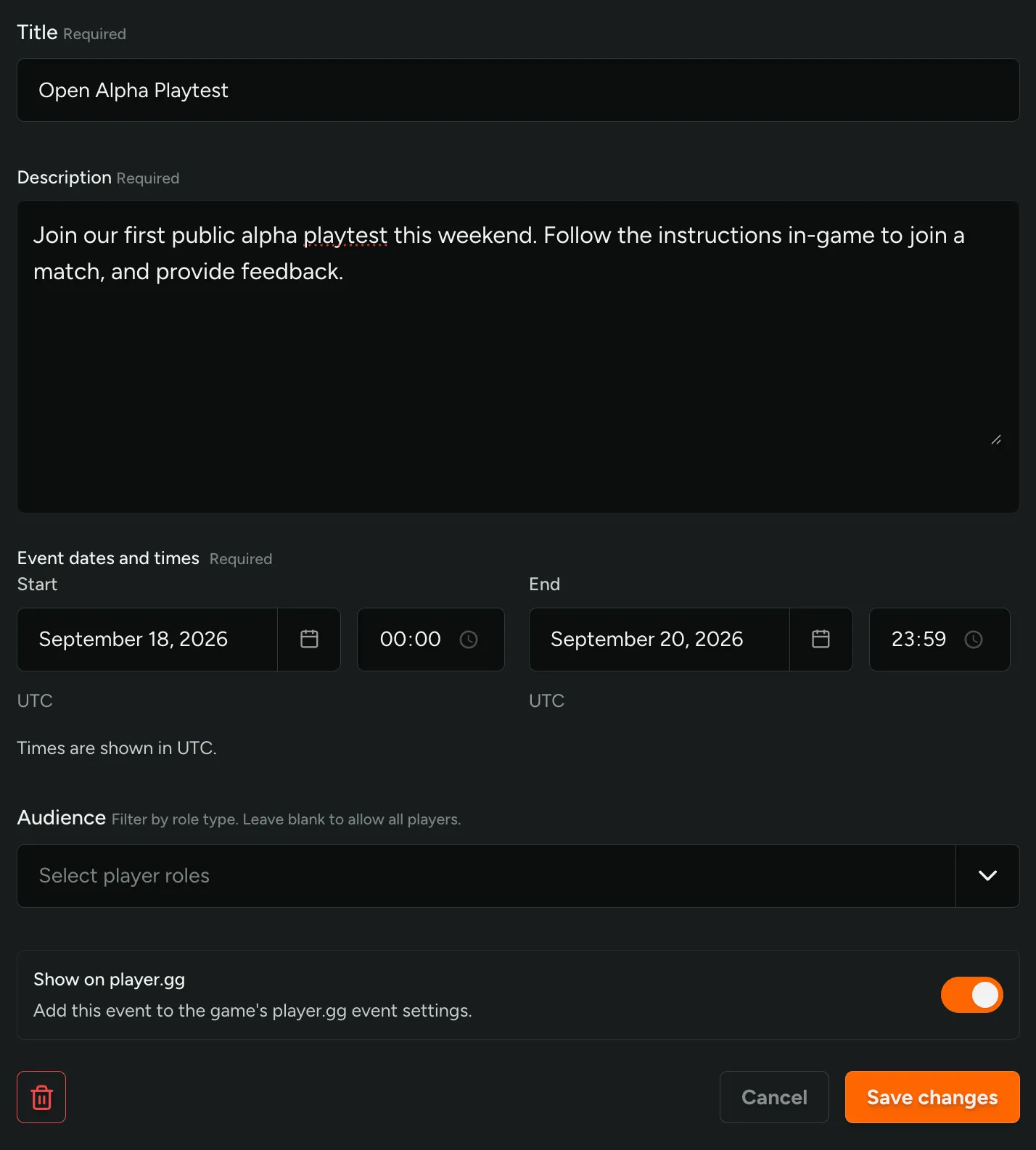Creating a new event, and listing it on player.gg