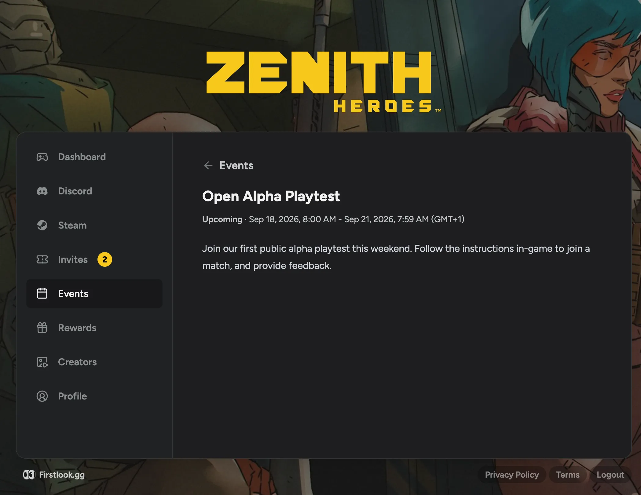 A player views information about the event from their dashboard