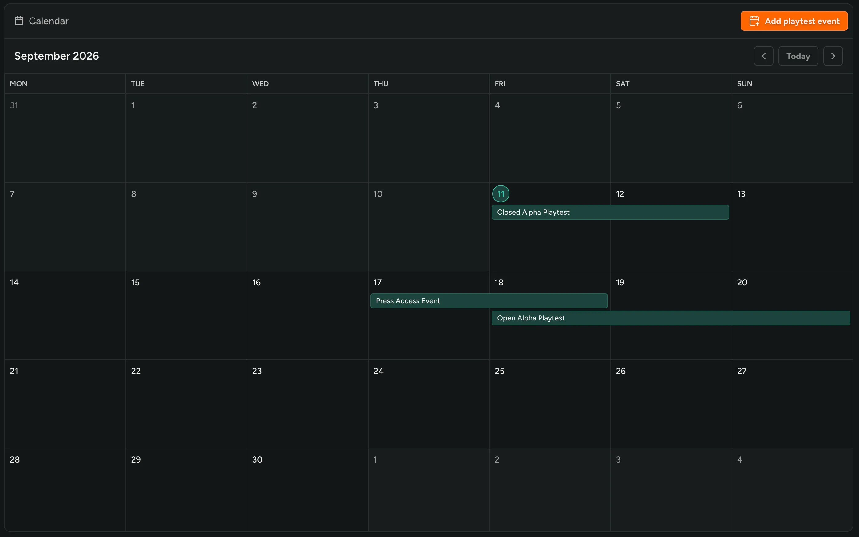 A studio's calendar with their planned playtests