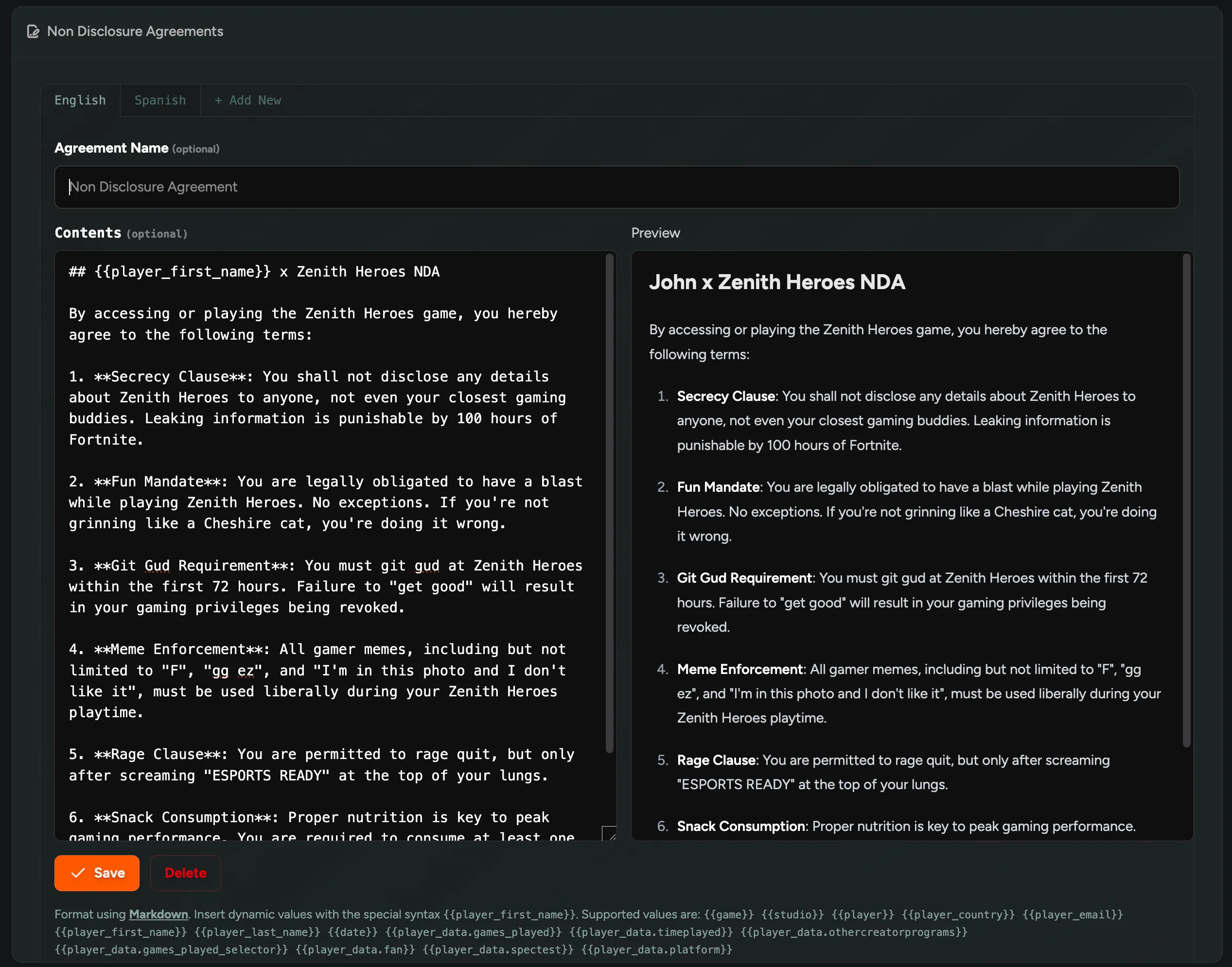 Custom NDA name shown to players in the onboarding flow