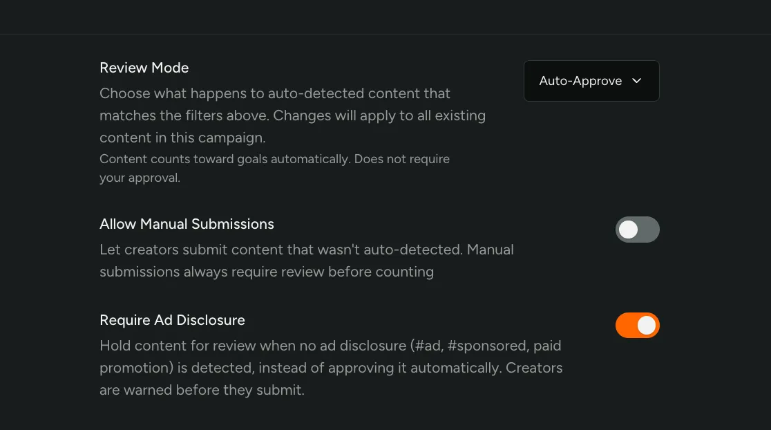 The Require Ad Disclosure setting in a campaign's Submission settings