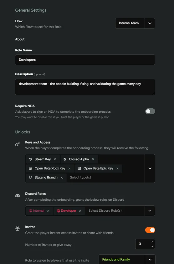 Internal Developers Role Configuration