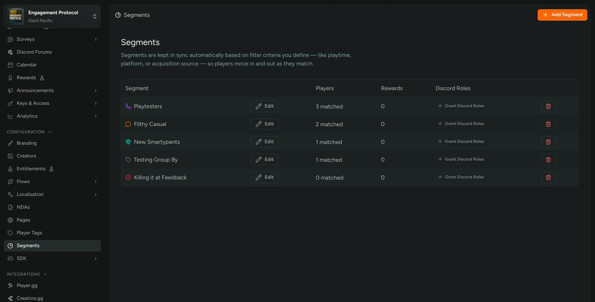 The new Segments page under Configuration